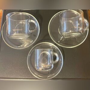 NWOB 3 Nespresso Espresso Glass Mugs With Plates